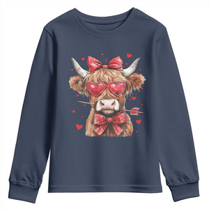 Funny Western Highland Cow Farm Valentine Youth Sweatshirt TS11 Navy Print Your Wear