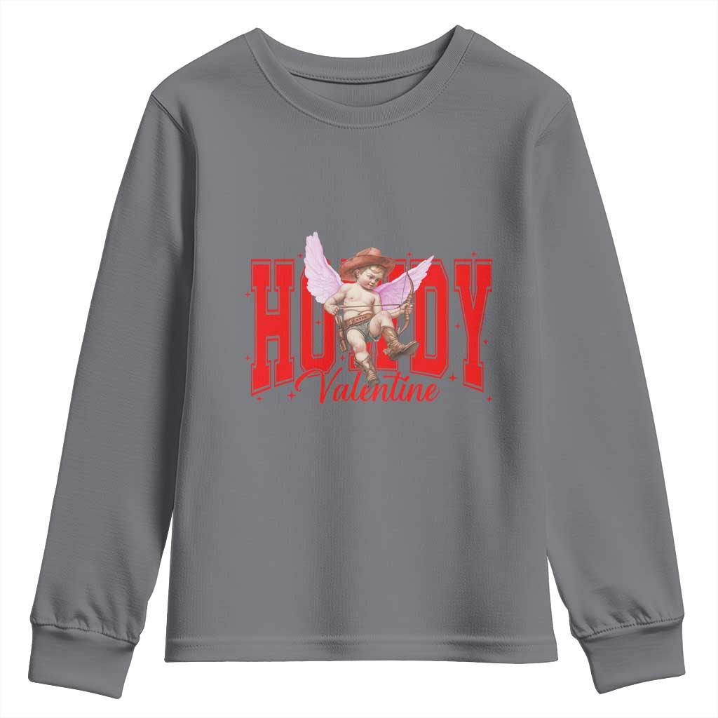 Funny Howdy Valentine Youth Sweatshirt Valentine's Day Western Cowboy Cupid TS11 Charcoal Print Your Wear