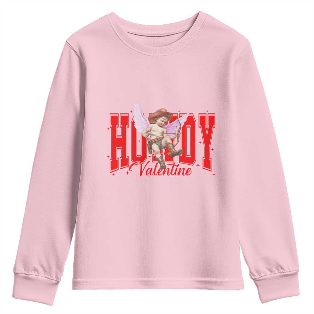 Funny Howdy Valentine Youth Sweatshirt Valentine's Day Western Cowboy Cupid TS11 Light Pink Print Your Wear