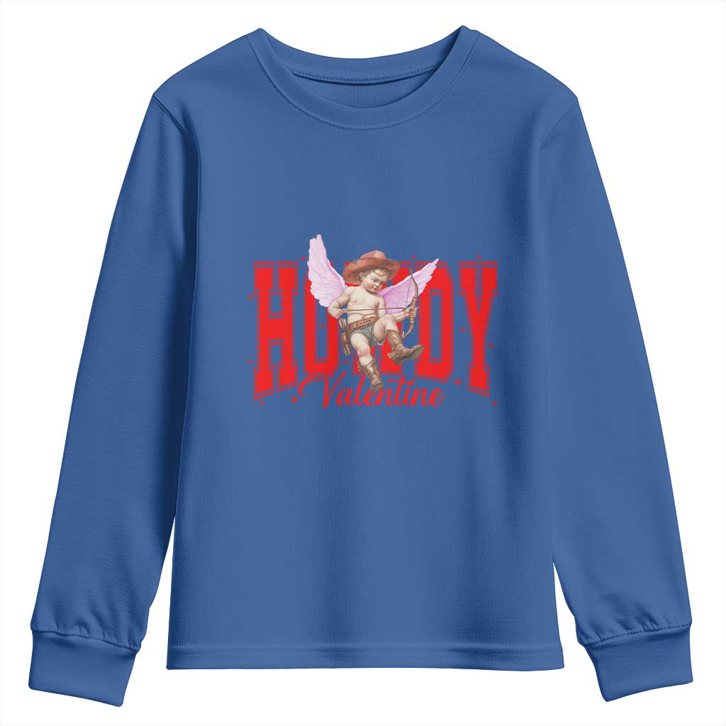 Funny Howdy Valentine Youth Sweatshirt Valentine's Day Western Cowboy Cupid TS11 Royal Blue Print Your Wear