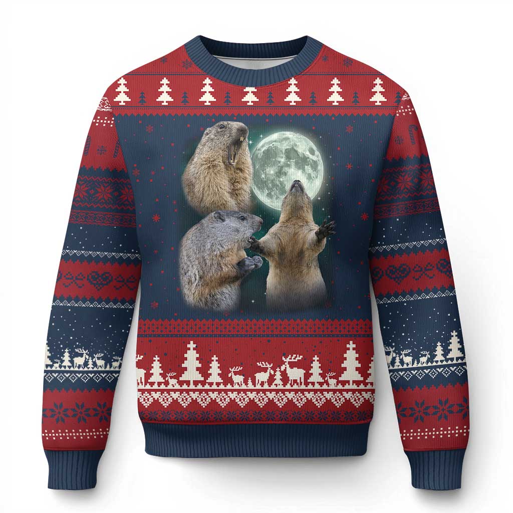 Funny Three Groundhog Moon Groundhog Day Meme Ugly Christmas Sweater TS11 Navy Red Print Your Wear