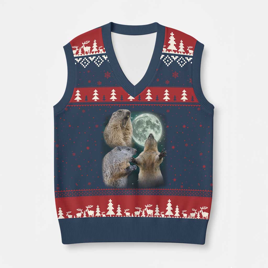 Funny Three Groundhog Moon Groundhog Day Meme V-Neck Knit Sweater Vest TS11 Navy Red Print Your Wear