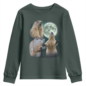 Funny Three Groundhog Moon Groundhog Day Meme Youth Sweatshirt TS11 Dark Forest Green Print Your Wear