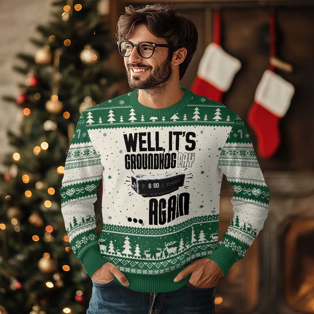 Well Its Groundhog Day Again Ugly Christmas Sweater Funny Woodchuck Groundhog TS11 Beige Green Print Your Wear