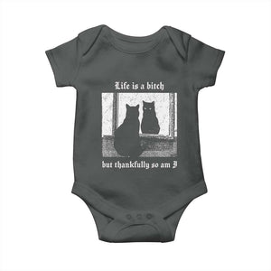Funny Life Is A Bitch But Thankfully So Am I Baby Onesie Black Cat Meme TS11 Dark Heather Print Your Wear