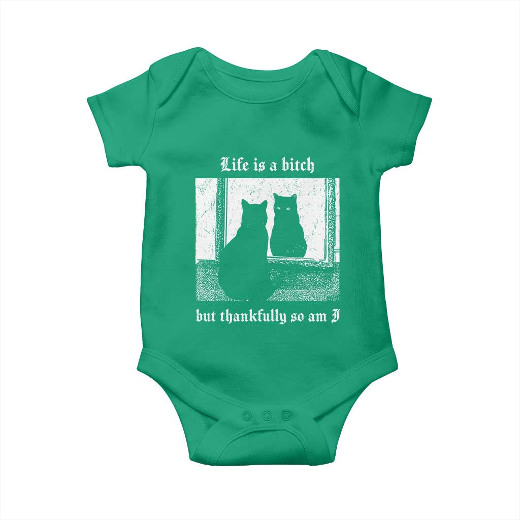 Funny Life Is A Bitch But Thankfully So Am I Baby Onesie Black Cat Meme TS11 Irish Green Print Your Wear