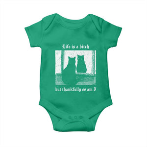 Funny Life Is A Bitch But Thankfully So Am I Baby Onesie Black Cat Meme TS11 Irish Green Print Your Wear