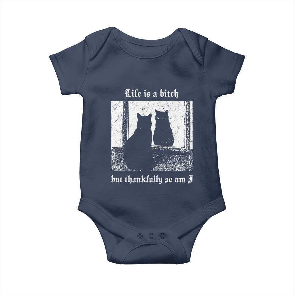 Funny Life Is A Bitch But Thankfully So Am I Baby Onesie Black Cat Meme TS11 Navy Print Your Wear