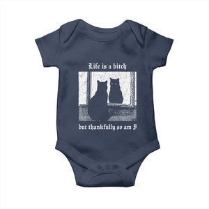 Funny Life Is A Bitch But Thankfully So Am I Baby Onesie Black Cat Meme TS11 Navy Print Your Wear
