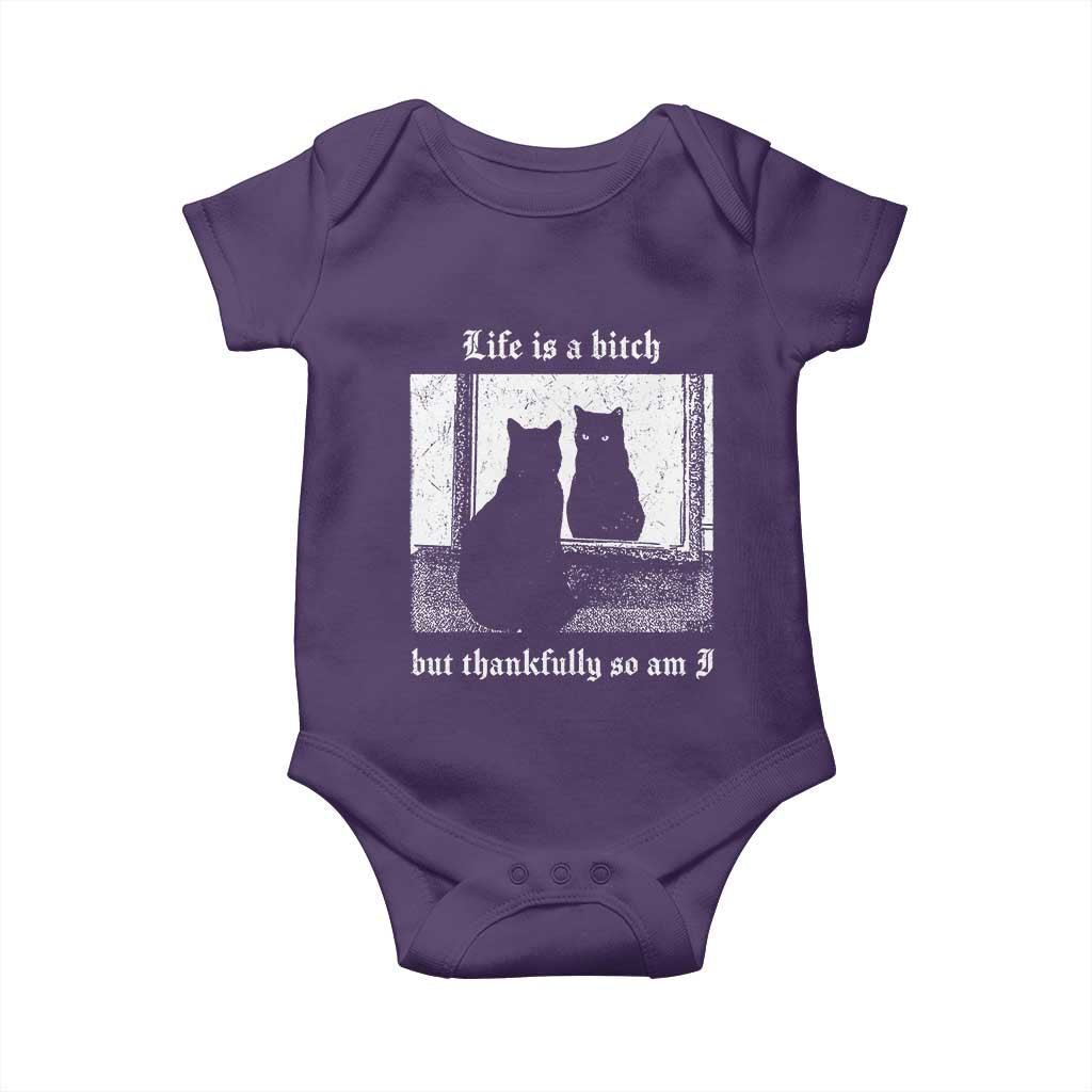 Funny Life Is A Bitch But Thankfully So Am I Baby Onesie Black Cat Meme TS11 Purple Print Your Wear