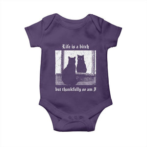 Funny Life Is A Bitch But Thankfully So Am I Baby Onesie Black Cat Meme TS11 Purple Print Your Wear