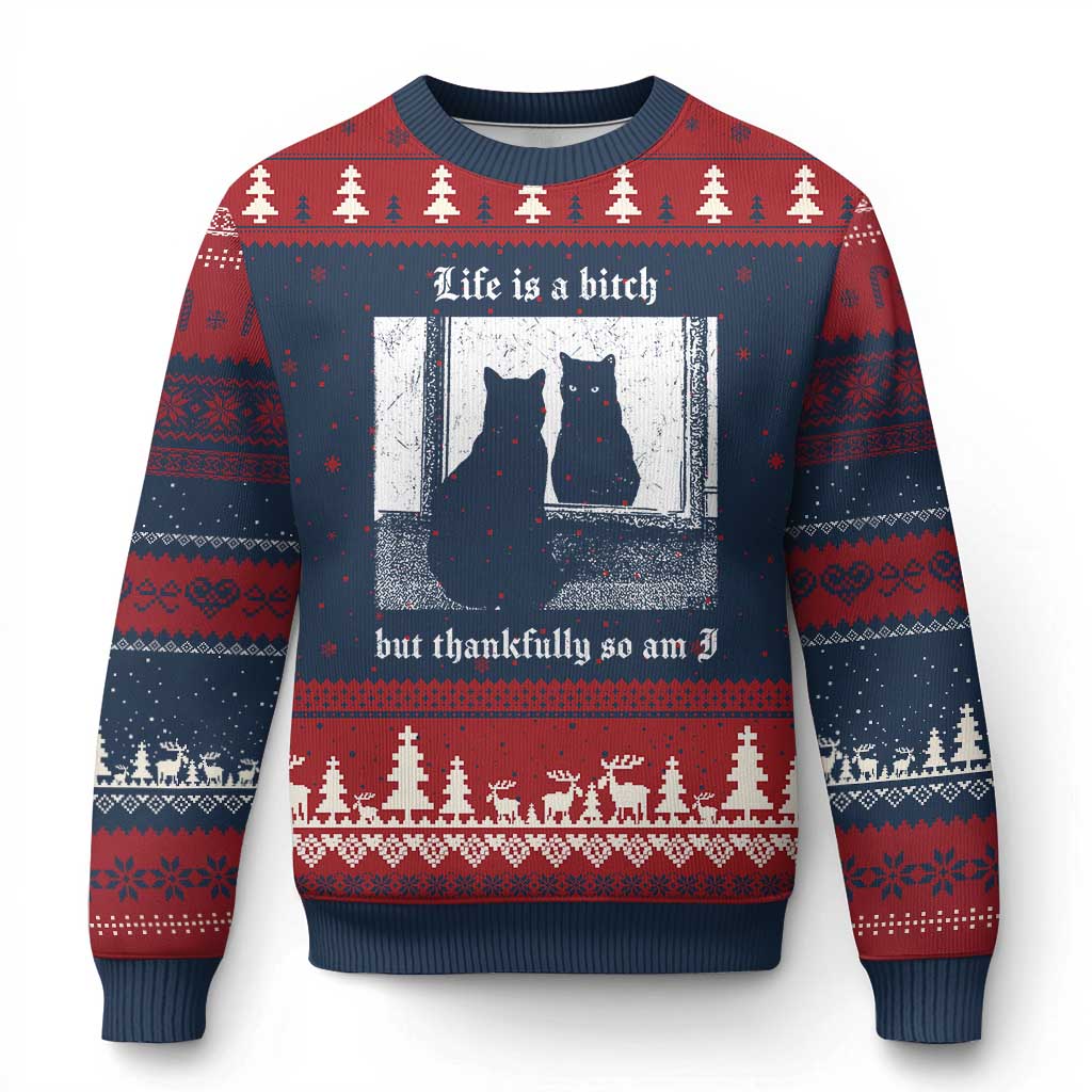 Funny Life Is A Bitch But Thankfully So Am I Ugly Christmas Sweater Black Cat Meme TS11 Navy Red Print Your Wear