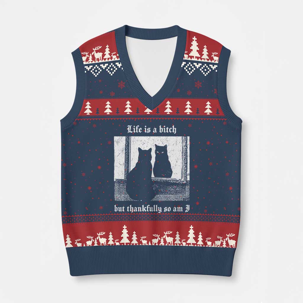 Funny Life Is A Bitch But Thankfully So Am I V-Neck Knit Sweater Vest Black Cat Meme TS11 Navy Red Print Your Wear