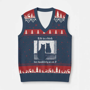 Funny Life Is A Bitch But Thankfully So Am I V-Neck Knit Sweater Vest Black Cat Meme TS11 Navy Red Print Your Wear