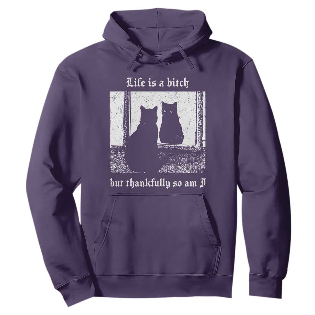 Funny Life Is A Bitch But Thankfully So Am I Hoodie Black Cat Meme TS11 Purple Print Your Wear