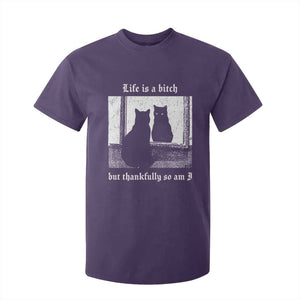 Funny Life Is A Bitch But Thankfully So Am I T Shirt For Kid Black Cat Meme TS11 Purple Print Your Wear