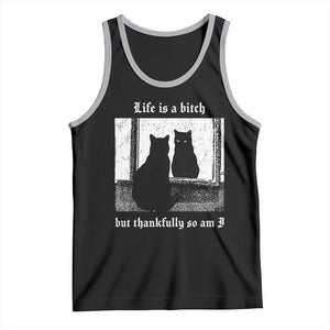 Funny Life Is A Bitch But Thankfully So Am I Tank Top Black Cat Meme TS11 Black Athletic Heather Print Your Wear