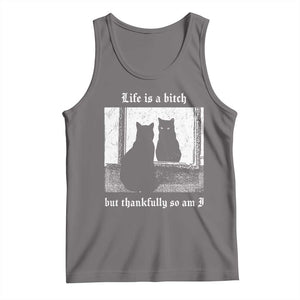 Funny Life Is A Bitch But Thankfully So Am I Tank Top Black Cat Meme TS11 Deep Heather Print Your Wear