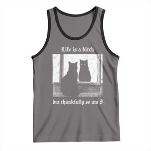 Funny Life Is A Bitch But Thankfully So Am I Tank Top Black Cat Meme TS11 Deep Heather Black Print Your Wear