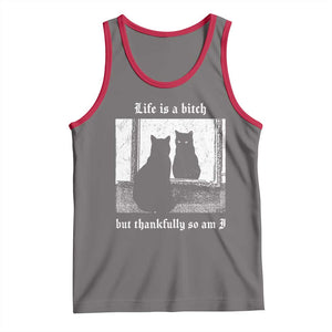Funny Life Is A Bitch But Thankfully So Am I Tank Top Black Cat Meme TS11 Deep Heather Red Print Your Wear