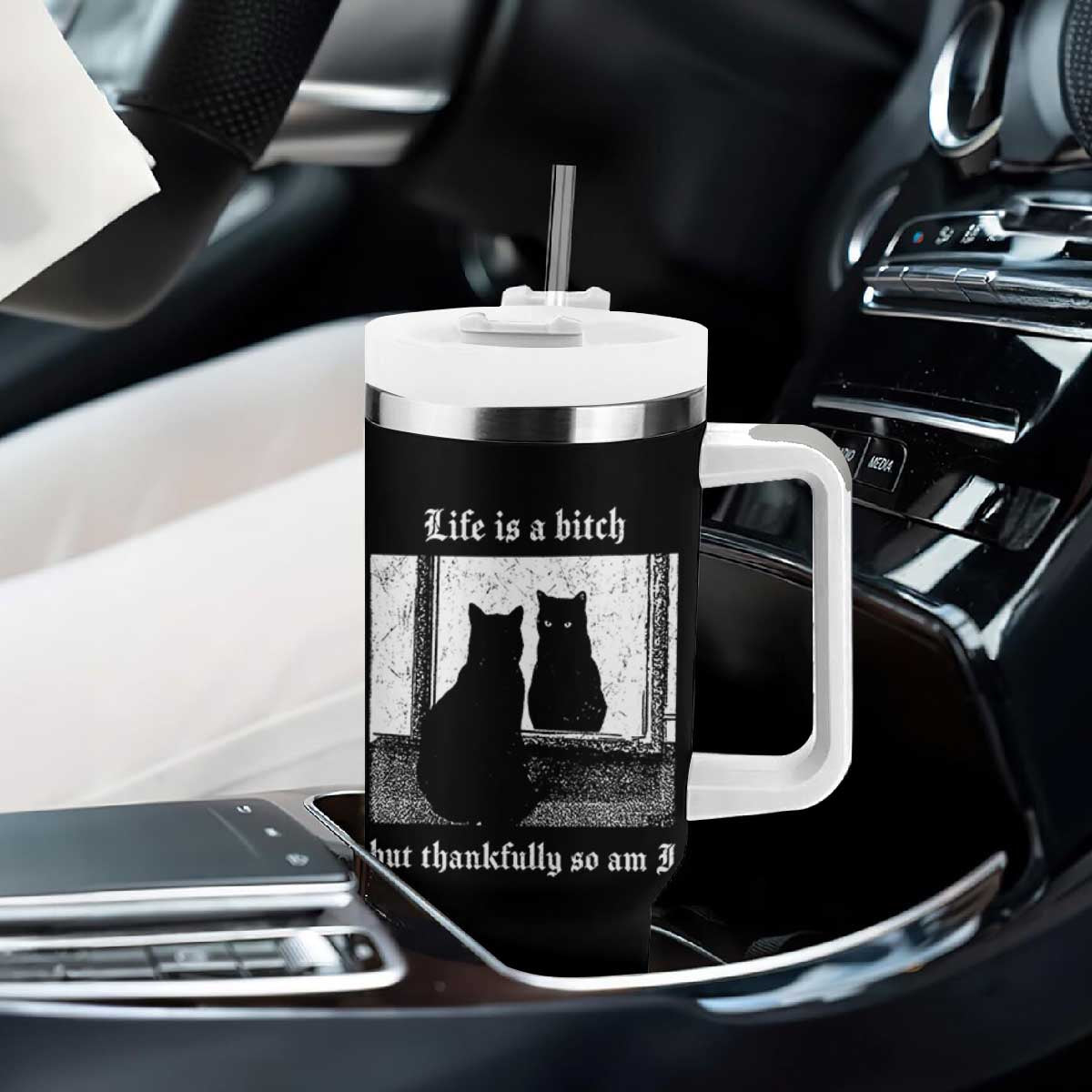 Funny Life Is A Bitch But Thankfully So Am I Tumbler With Handle Black Cat Meme TS11 Print Your Wear