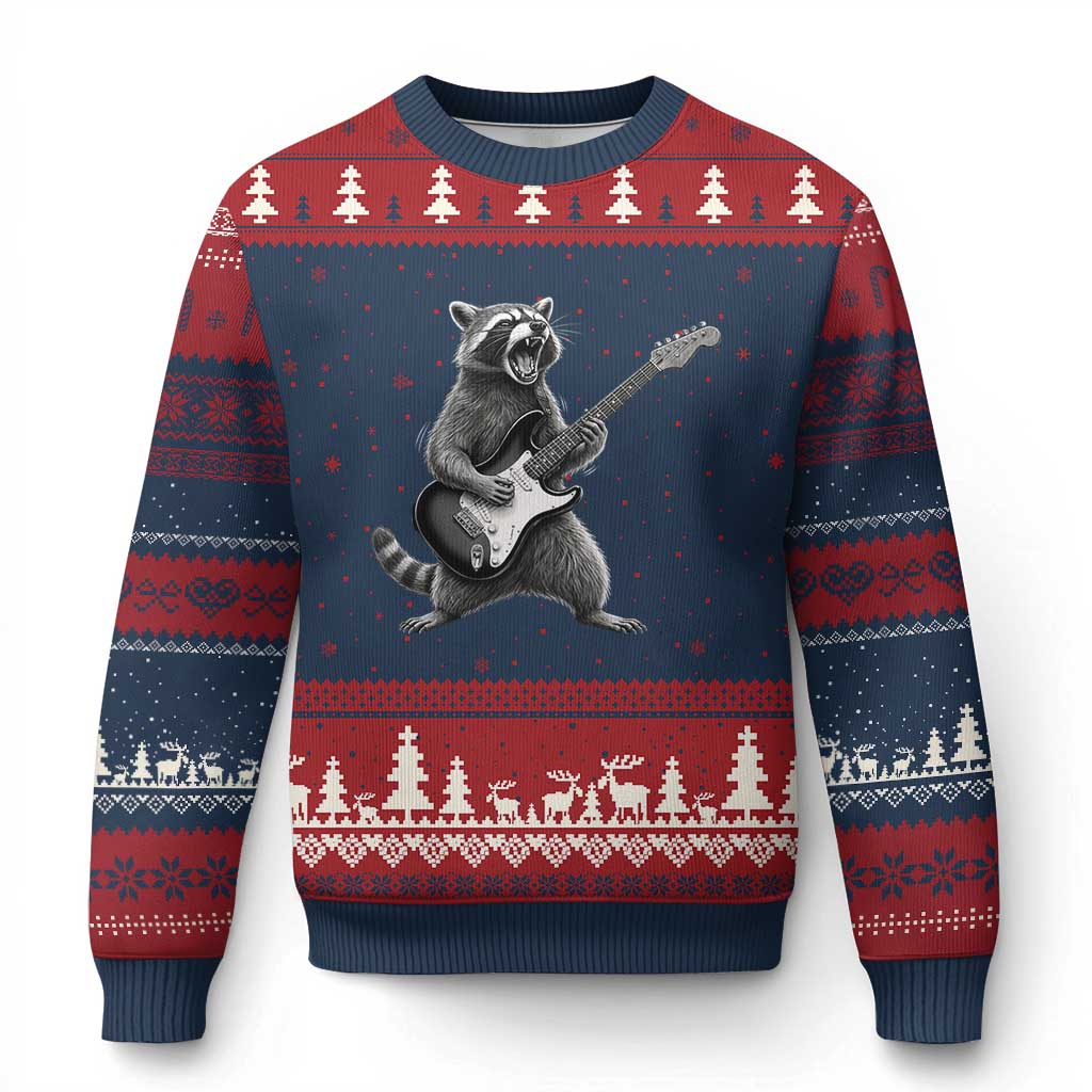 Funny Raccoon Playing Guitar Rock and Roll Ugly Christmas Sweater TS11 Navy Red Print Your Wear