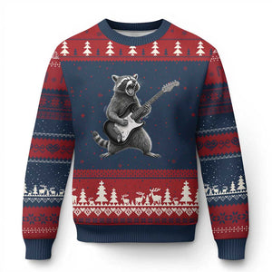 Funny Raccoon Playing Guitar Rock and Roll Ugly Christmas Sweater TS11 Navy Red Print Your Wear