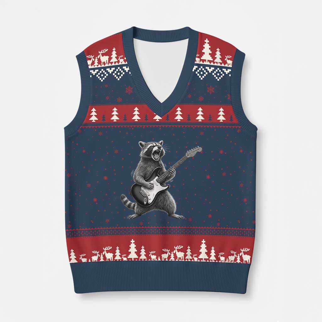 Funny Raccoon Playing Guitar Rock and Roll V-Neck Knit Sweater Vest TS11 Navy Red Print Your Wear