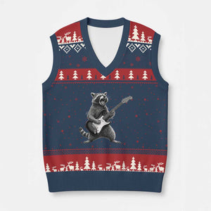 Funny Raccoon Playing Guitar Rock and Roll V-Neck Knit Sweater Vest TS11 Navy Red Print Your Wear