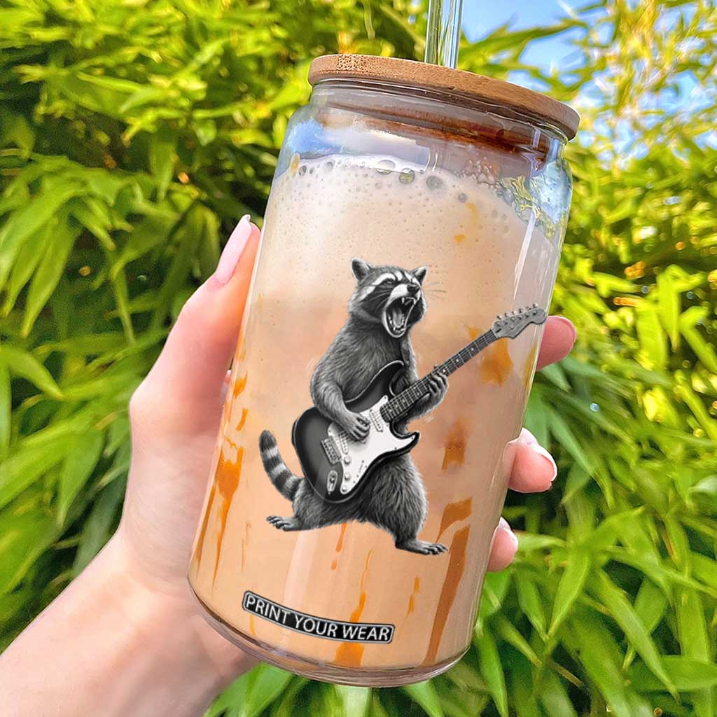 Funny Raccoon Playing Guitar Rock and Roll Glass Can TS11 Black Print Your Wear