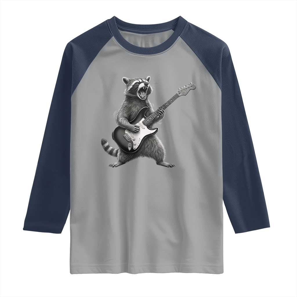 Funny Raccoon Playing Guitar Rock and Roll Raglan Shirt TS11 Sport Gray Navy Print Your Wear