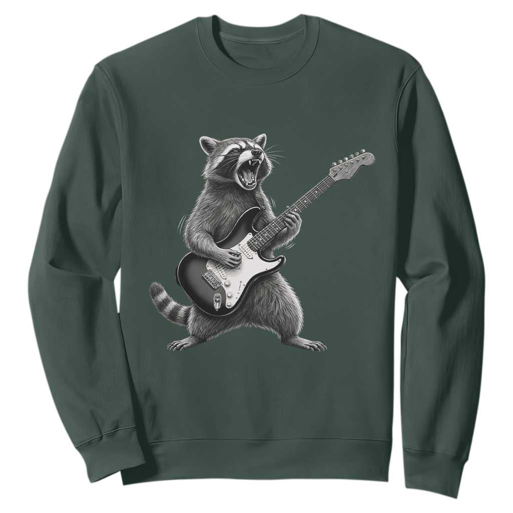Funny Raccoon Playing Guitar Rock and Roll Sweatshirt TS11 Dark Forest Green Print Your Wear