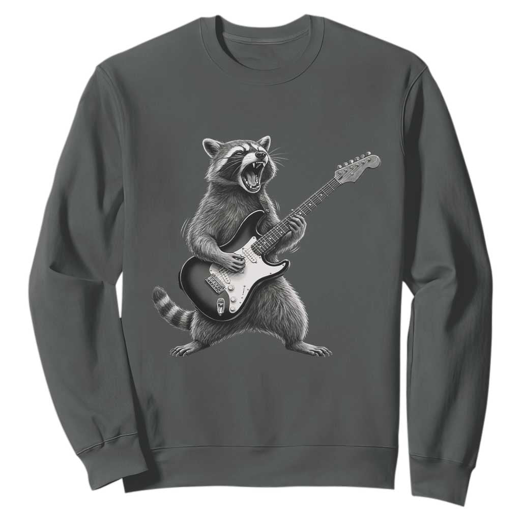 Funny Raccoon Playing Guitar Rock and Roll Sweatshirt TS11 Dark Heather Print Your Wear