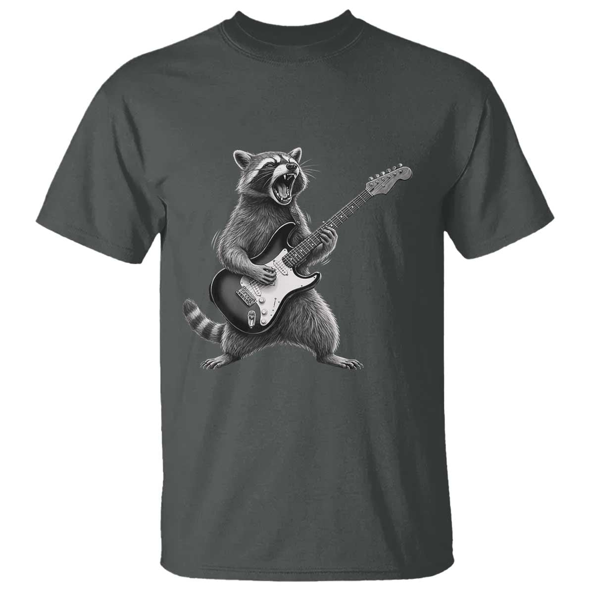 Funny Raccoon Playing Guitar Rock and Roll T Shirt TS11 Dark Heather Print Your Wear
