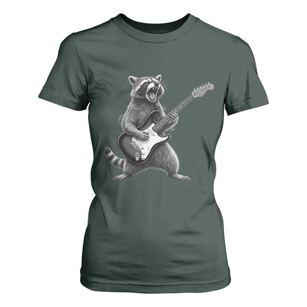 Funny Raccoon Playing Guitar Rock and Roll T Shirt For Women TS11 Dark Forest Green Print Your Wear