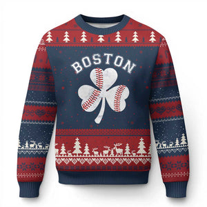 Funny Boston St Patricks Day Baseball Shamrock Ugly Christmas Sweater TS11 Navy Red Print Your Wear