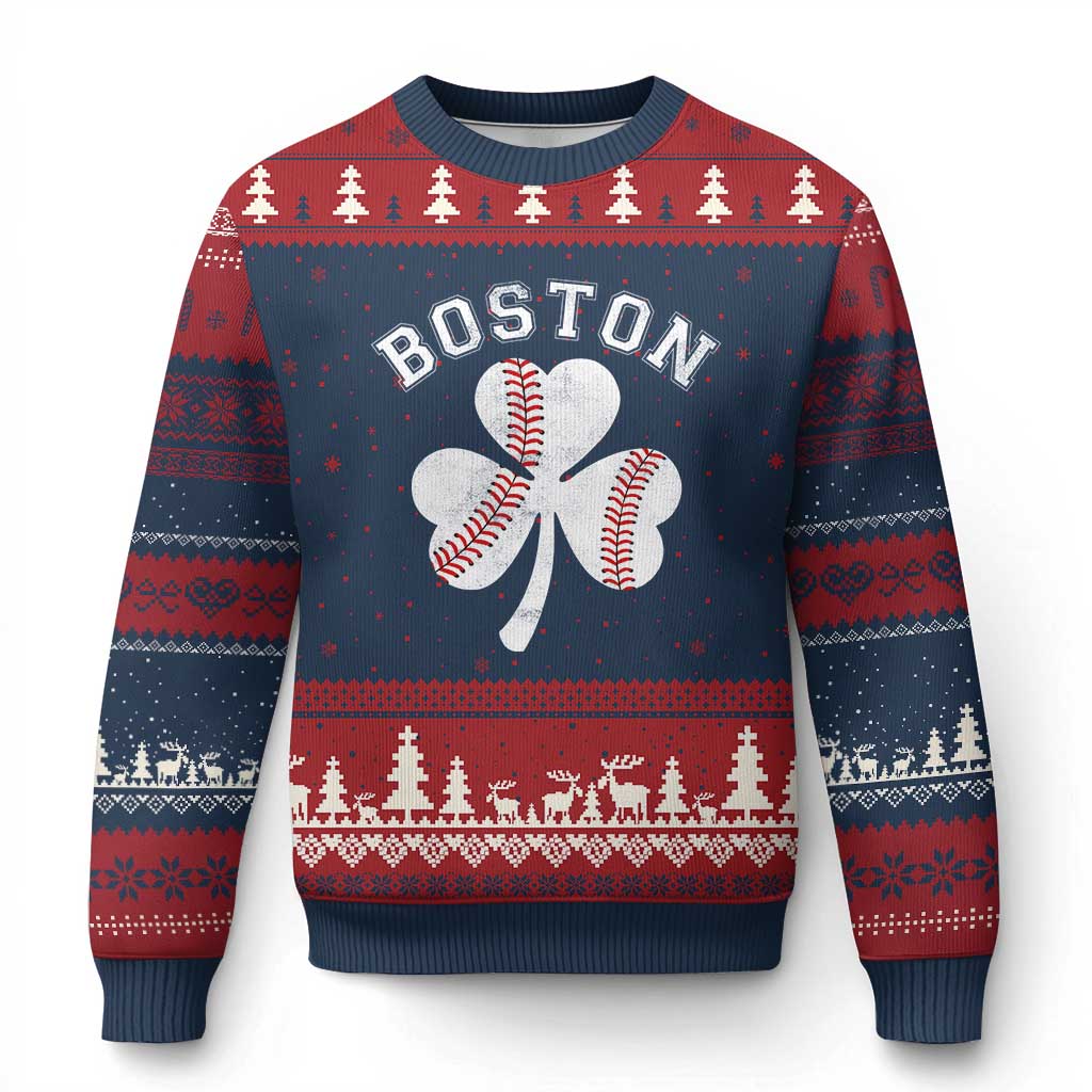 Funny Boston St Patricks Day Baseball Shamrock Ugly Christmas Sweater TS11 Navy Red Print Your Wear