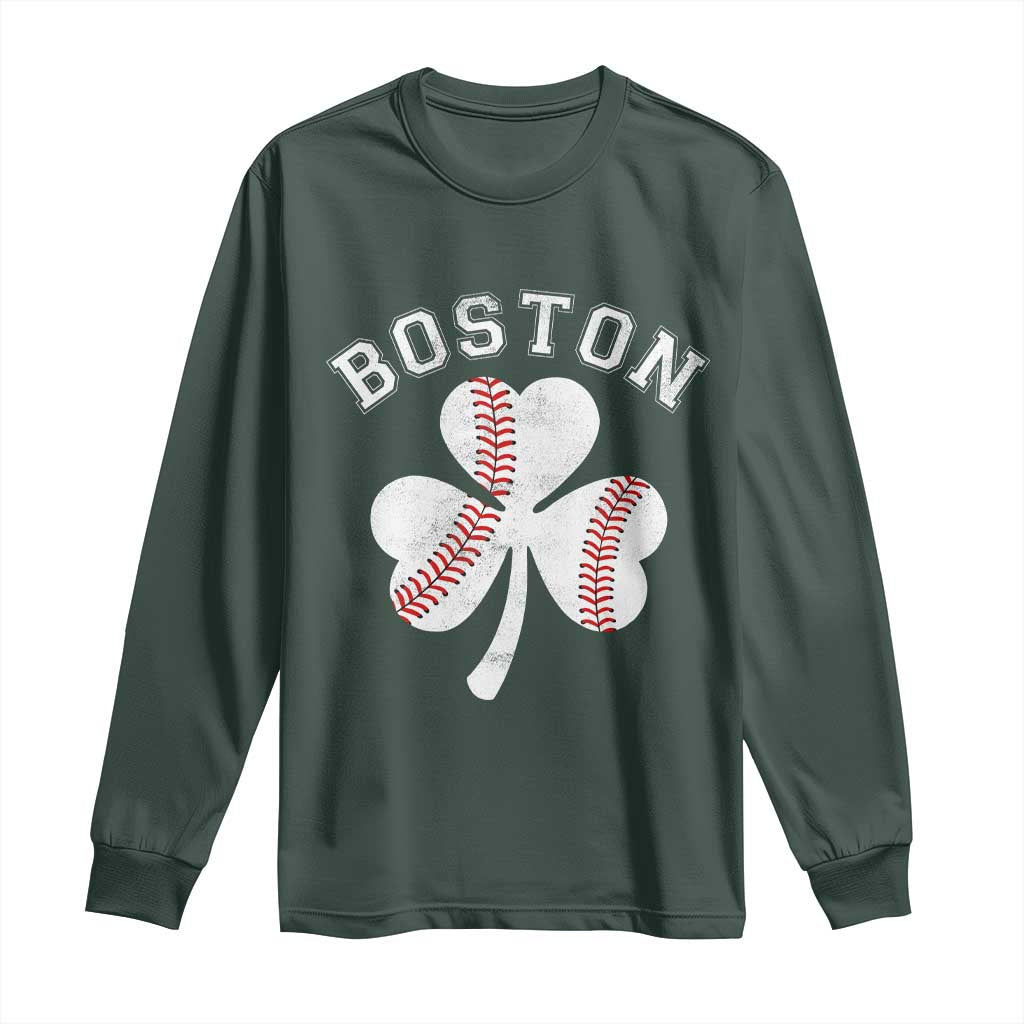 Funny Boston St Patricks Day Baseball Shamrock Long Sleeve Shirt TS11 Dark Forest Green Print Your Wear