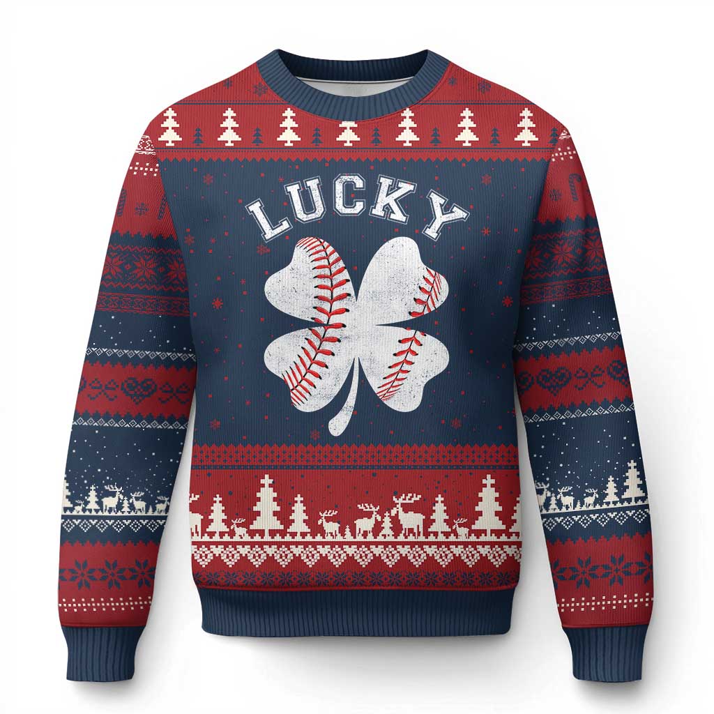 Funny Baseball Lucky Clover St Patricks Day Ugly Christmas Sweater TS11 Navy Red Print Your Wear