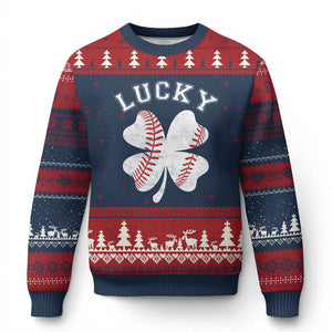 Funny Baseball Lucky Clover St Patricks Day Ugly Christmas Sweater TS11 Navy Red Print Your Wear