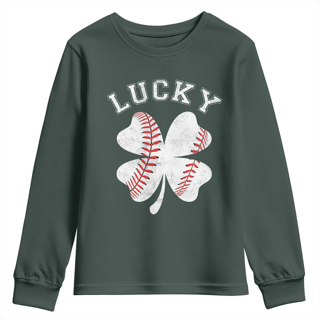 Funny Baseball Lucky Clover St Patricks Day Youth Sweatshirt TS11 Dark Forest Green Print Your Wear