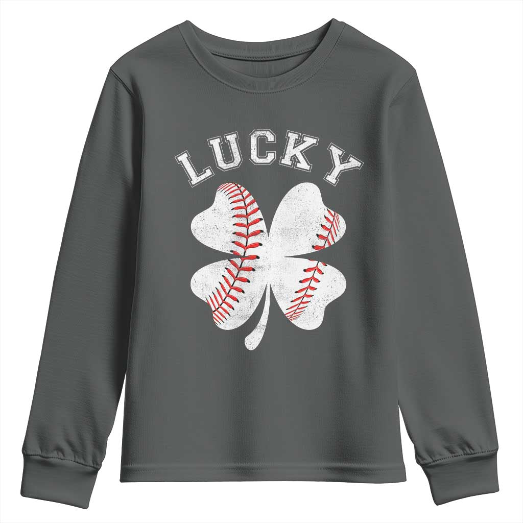 Funny Baseball Lucky Clover St Patricks Day Youth Sweatshirt TS11 Dark Heather Print Your Wear