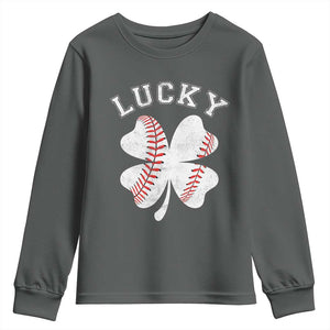 Funny Baseball Lucky Clover St Patricks Day Youth Sweatshirt TS11 Dark Heather Print Your Wear