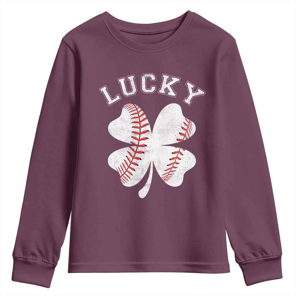 Funny Baseball Lucky Clover St Patricks Day Youth Sweatshirt TS11 Maroon Print Your Wear