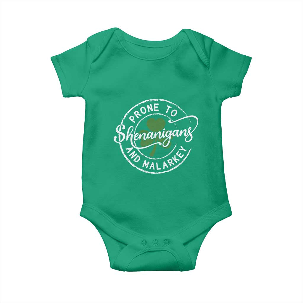 Prone To Shenanigans And Malarkey Baby Onesie Funny St Patricks Day Irish Shamrock TS11 Irish Green Print Your Wear