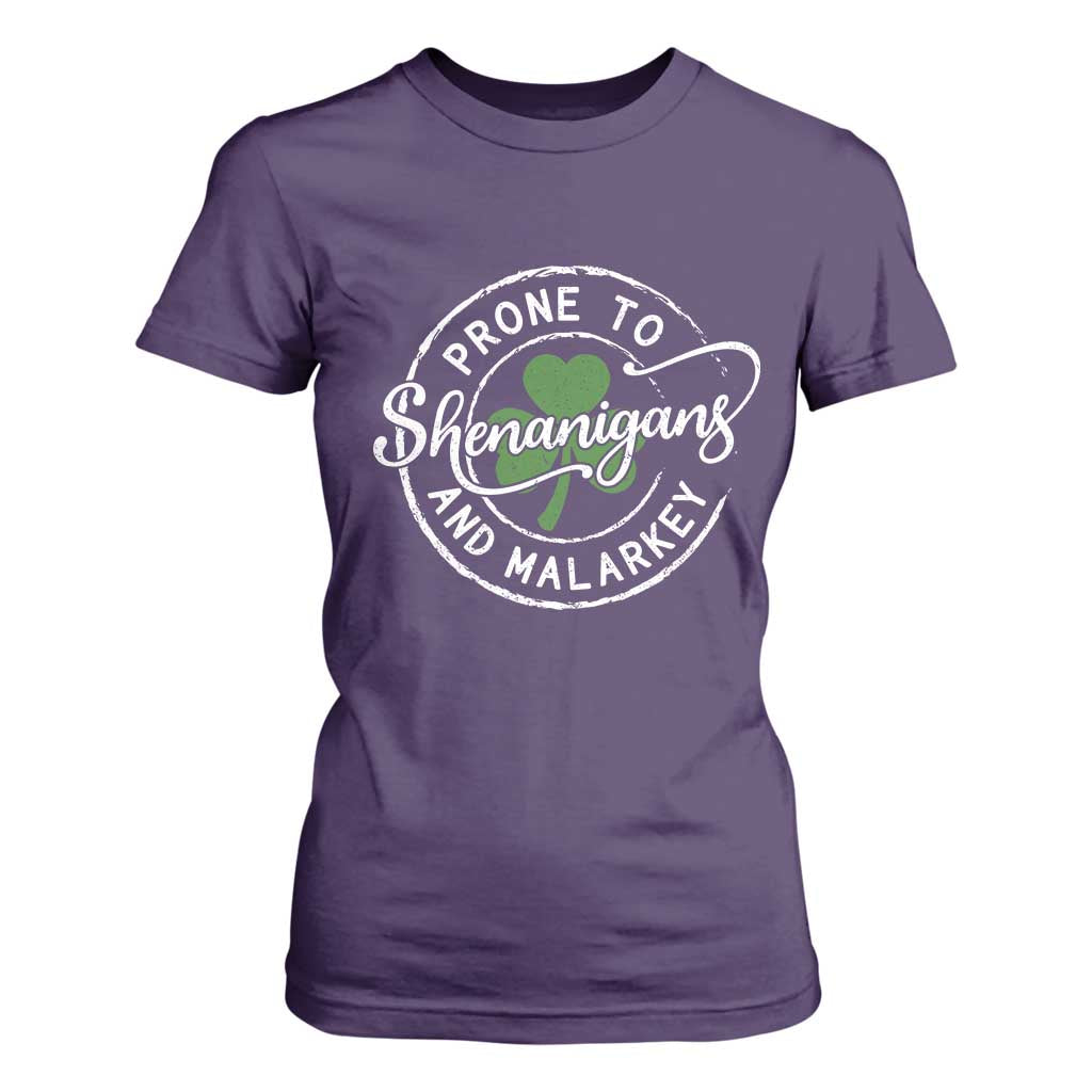 Prone To Shenanigans And Malarkey T Shirt For Women Funny St Patricks Day Irish Shamrock TS11 Purple Print Your Wear