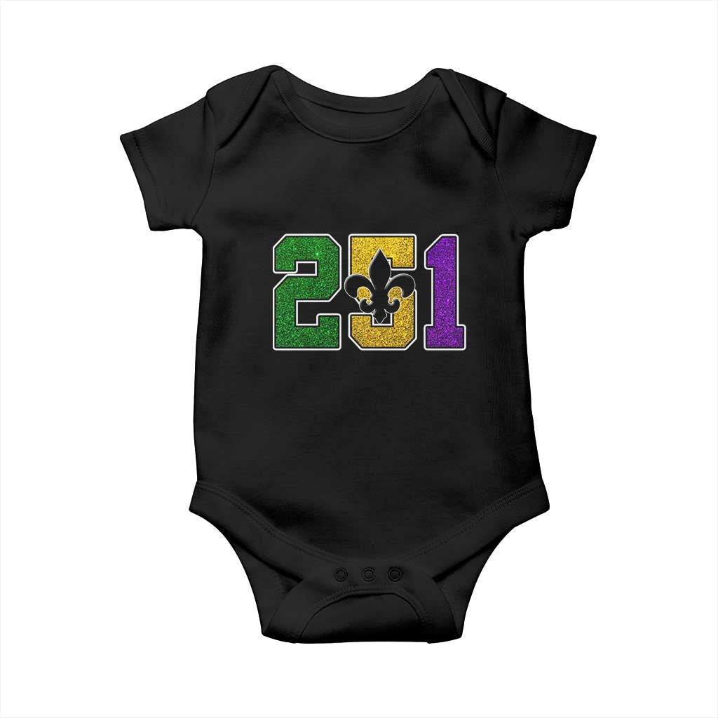 Funny Mardi Gras Mobile Alabama Baby Onesie 251 Area Code Glitter Print Fleur De Lis TS11 Black Print Your Wear