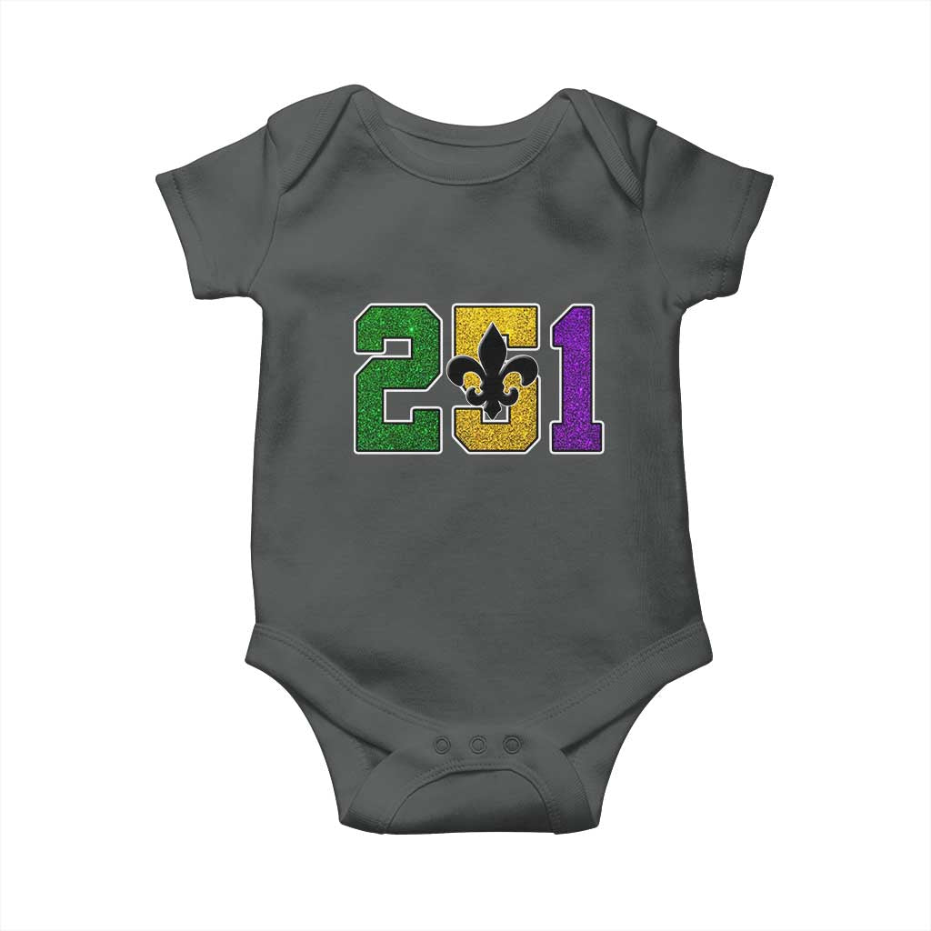 Funny Mardi Gras Mobile Alabama Baby Onesie 251 Area Code Glitter Print Fleur De Lis TS11 Dark Heather Print Your Wear