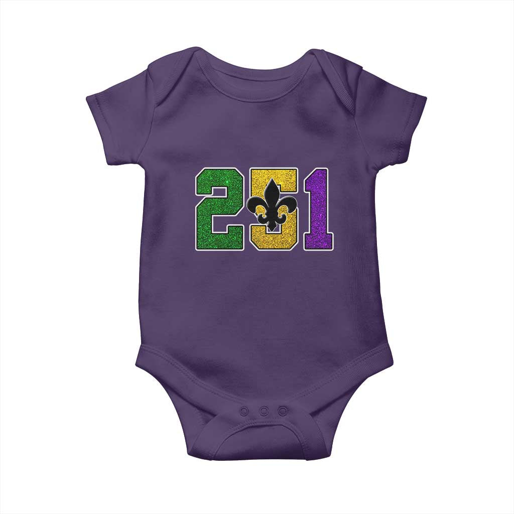 Funny Mardi Gras Mobile Alabama Baby Onesie 251 Area Code Glitter Print Fleur De Lis TS11 Purple Print Your Wear