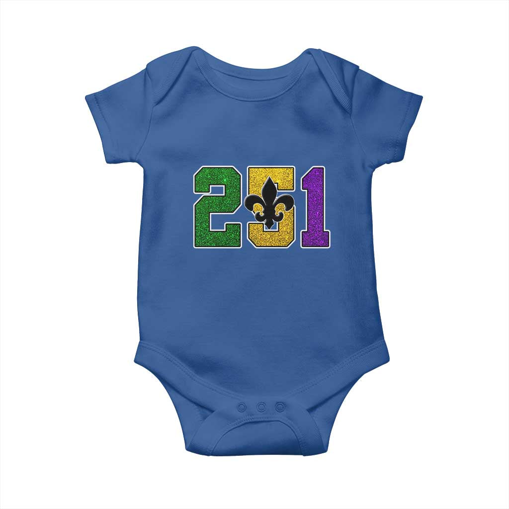 Funny Mardi Gras Mobile Alabama Baby Onesie 251 Area Code Glitter Print Fleur De Lis TS11 Royal Blue Print Your Wear